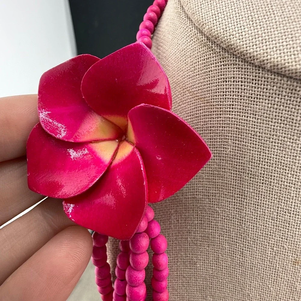 Vintage Estate Necklace Pink Wood Beaded Layered Floral Tropical 27